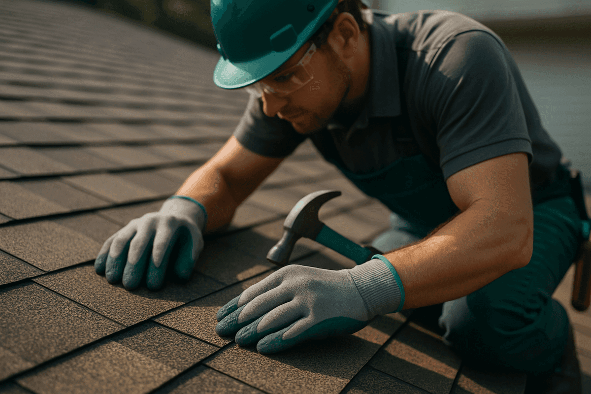 Close-up of gloved hands aligning asphalt shingles on a residential roof with safety gear